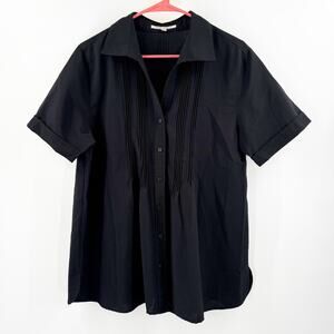 Travelsmith Top SZ Large Black Pleat Short Sleeve Pintuck Blouse Travel Vacation
